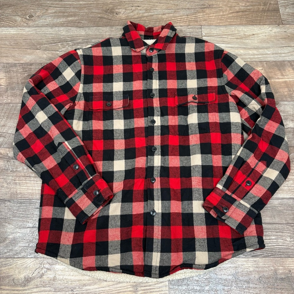 J Crew Factory Sherpa-lined Flannel Shirt-jacket Size Large Red Plaid